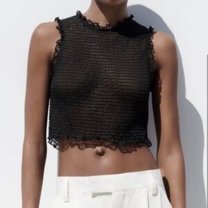 Zara Sleeveless Round Neck Cropped Top - Semi Sheer fabric detail & ruffled trim